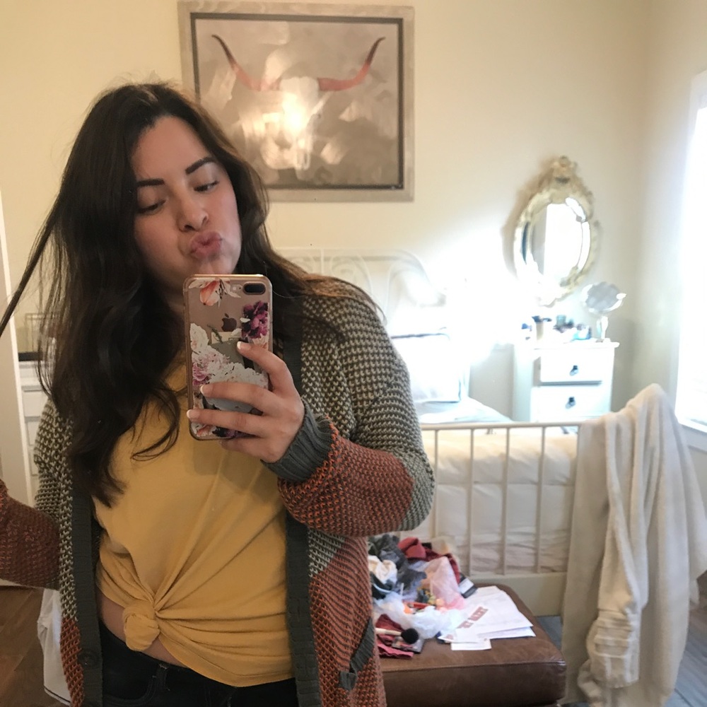 Cardigan + Orange T-shirt